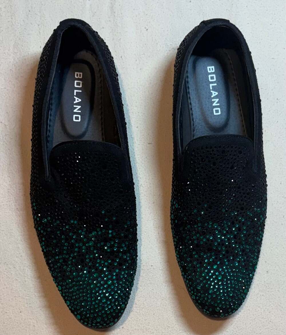 Bolano Onyx-015 Men's Rhinestone Loafers Black Green Size 11